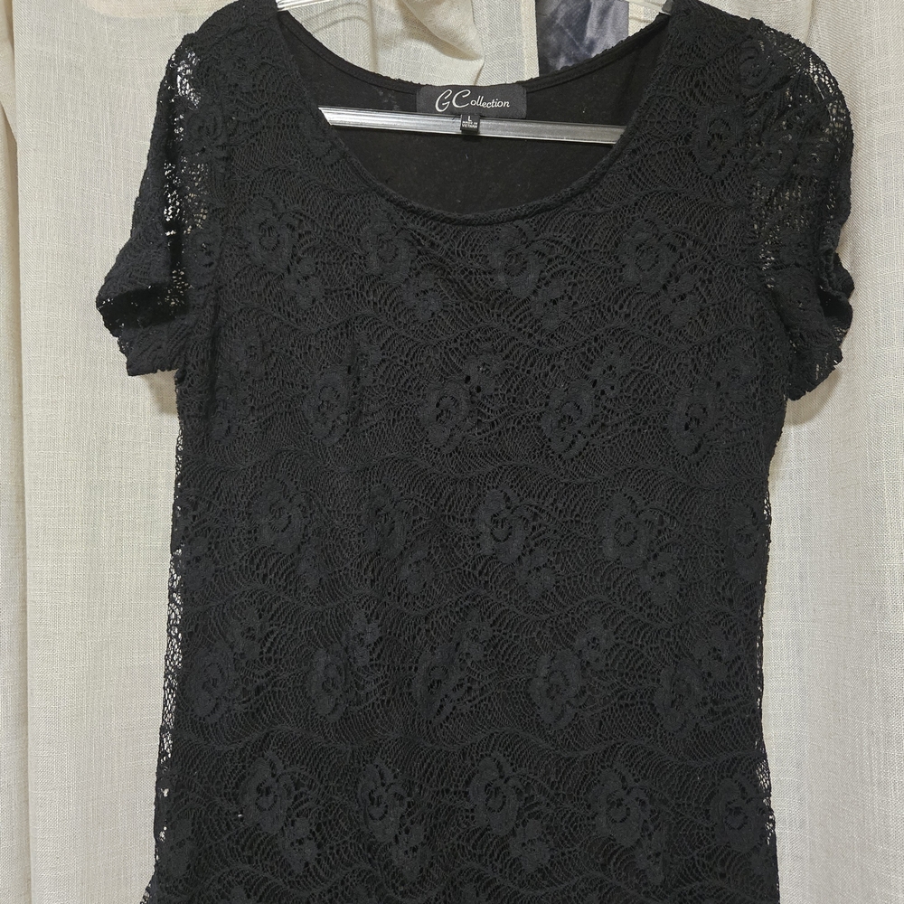Elegant Black Lace Short Sleeve Blouse Woman Size L
